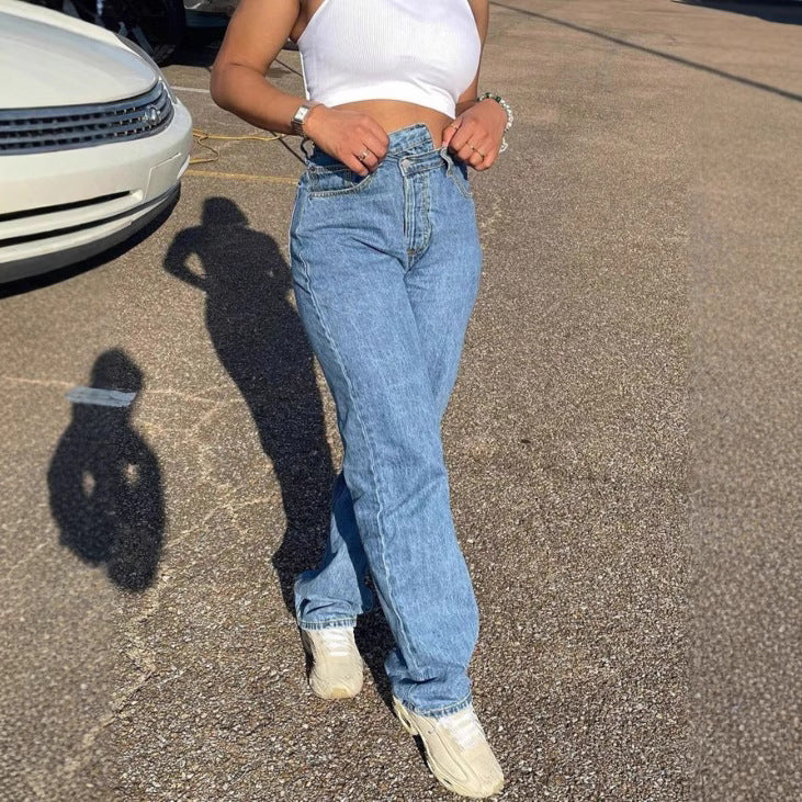 Damen Hochgeschnittene Cropped-Mom-Jeans mit asymmetrischem Bund und geradem Bein Shop Nory