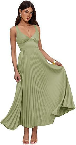 Damen Plissiertes Maxikleid mit vorteilhaftem V-Ausschnitt und femininem Design Shopnory