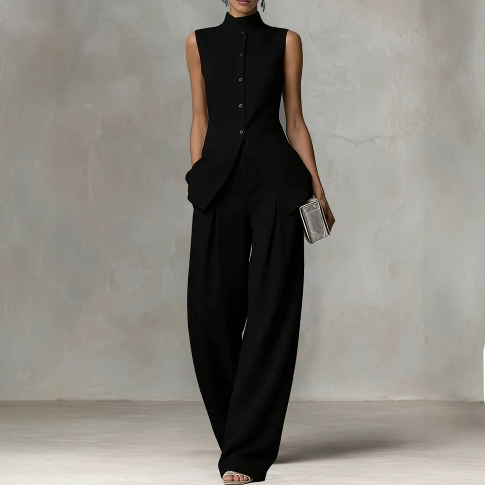 Damen Ärmelloser Leinen-Jumpsuit mit Stehkragen und weitem Bein Shop Nory