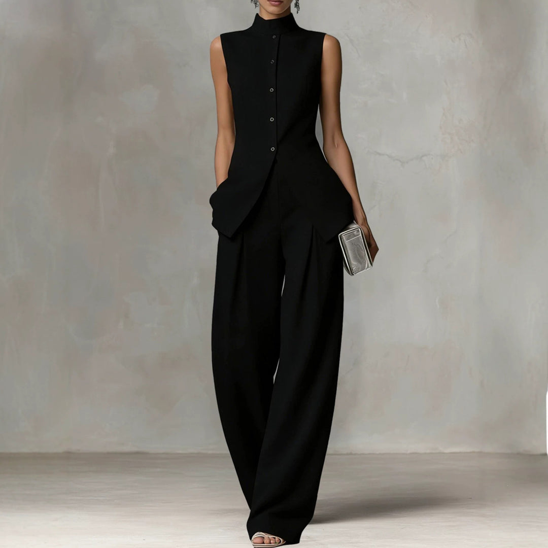 Damen Ärmelloser Leinen-Jumpsuit mit Stehkragen und weitem Bein Shop Nory