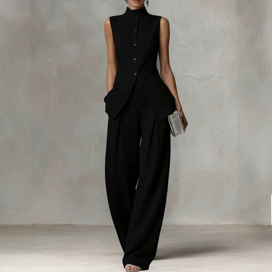Damen Ärmelloser Leinen-Jumpsuit mit Stehkragen und weitem Bein Shop Nory