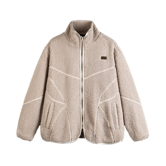 Unisex Teddy-Fleece-Blousonjacke mit Stehkragen und geometrischer Nahtführung Shop Nory