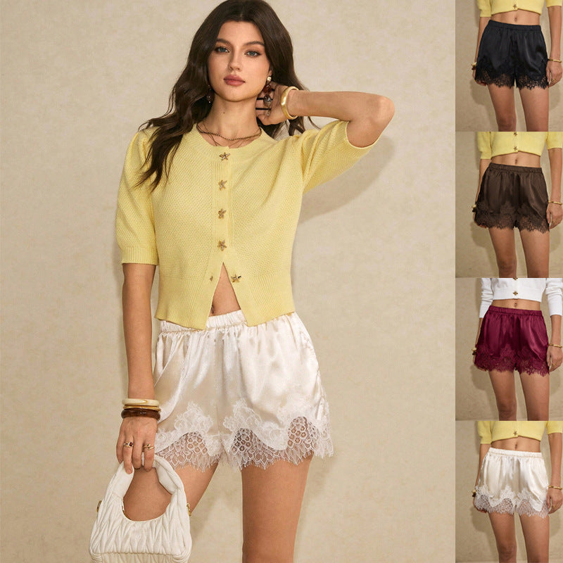 Damen Satin-Shorts mit Spitzenbesatz und elastischem Bund Shop Nory