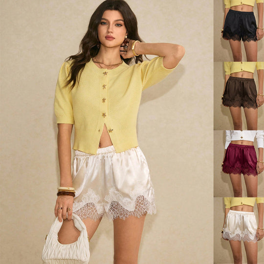 Damen Satin-Shorts mit Spitzenbesatz und elastischem Bund Shop Nory