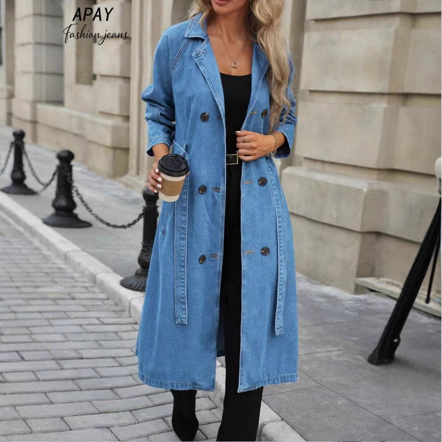 Damen Langer Denim-Trenchcoat mit Bindegürtel und Raglanärmeln Shop Nory