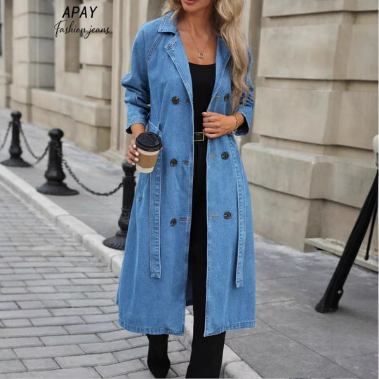 Damen Langer Denim-Trenchcoat mit Bindegürtel und Raglanärmeln Shop Nory