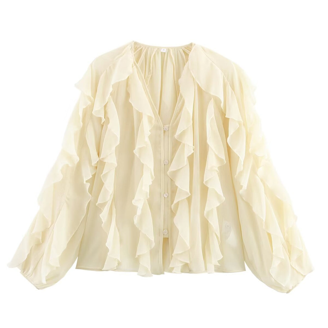 Damen Volant‑Chiffonbluse mit Lagen‑Rüschen und weiten Ballonärmeln Shop Nory
