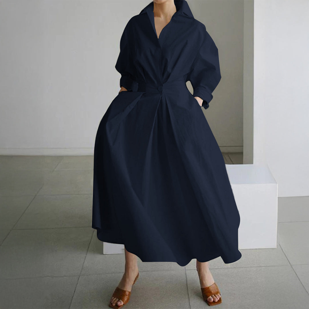 Damen nan tailliertes Hemdblusenkleid mit kastigem Kragen, mittellangen Ärmeln, Seitentaschen und ausgestelltem Tellerrock Shop Nory