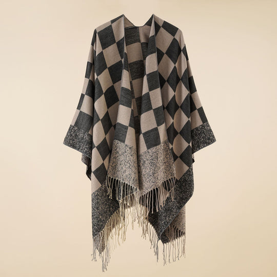 Damen Oversize-Poncho mit Karomuster und Fransen Shop Nory