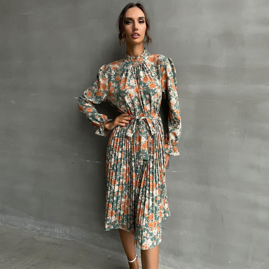 Damen Plissiertes Midikleid mit Rüschenkragen, Bindegürtel und floralem Allover-Print Shop Nory