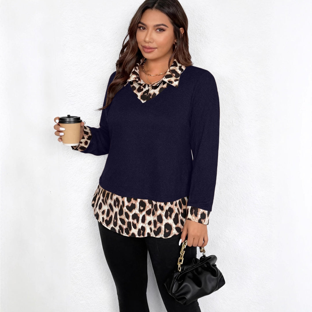 Damen Lagenlook-Pullover mit V-Ausschnitt und Leoprint-Blusen-Einsatz Shop Nory