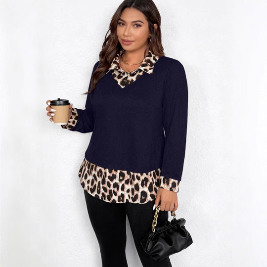 Damen Lagenlook-Pullover mit V-Ausschnitt und Leoprint-Blusen-Einsatz Shop Nory