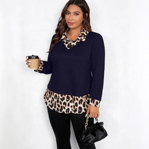 Damen Lagenlook-Pullover mit V-Ausschnitt und Leoprint-Blusen-Einsatz Shop Nory