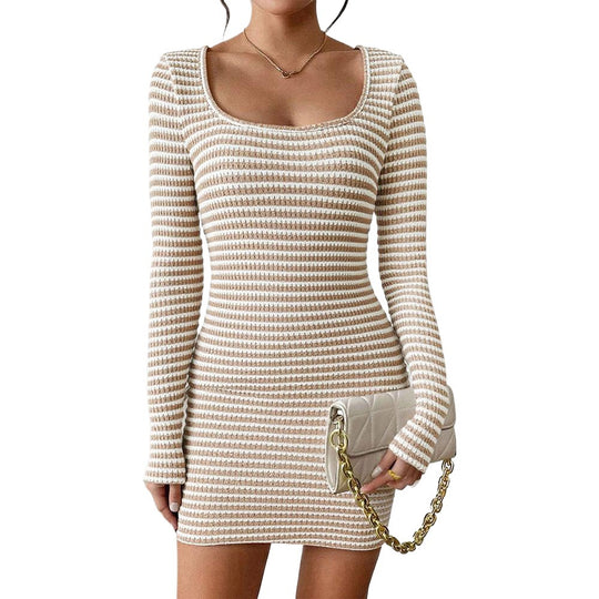 Damen figurbetontes Strickminikleid mit U-Ausschnitt, feiner Rippstruktur und langen Ärmeln Shop Nory