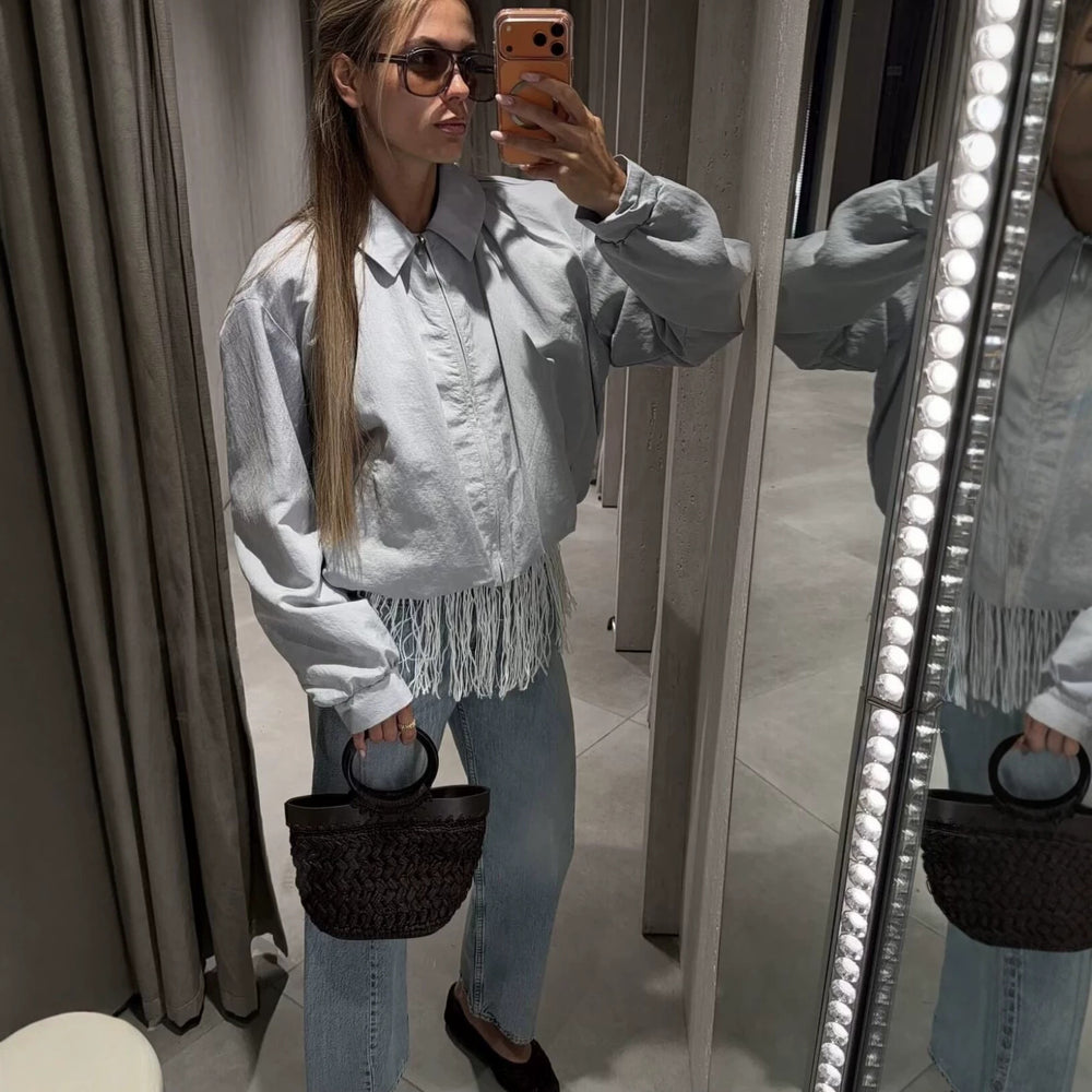 Damen Leichte Cropped‑Übergangsjacke mit Hemdkragen, Reißverschluss und elastischen Bündchen Shop Nory