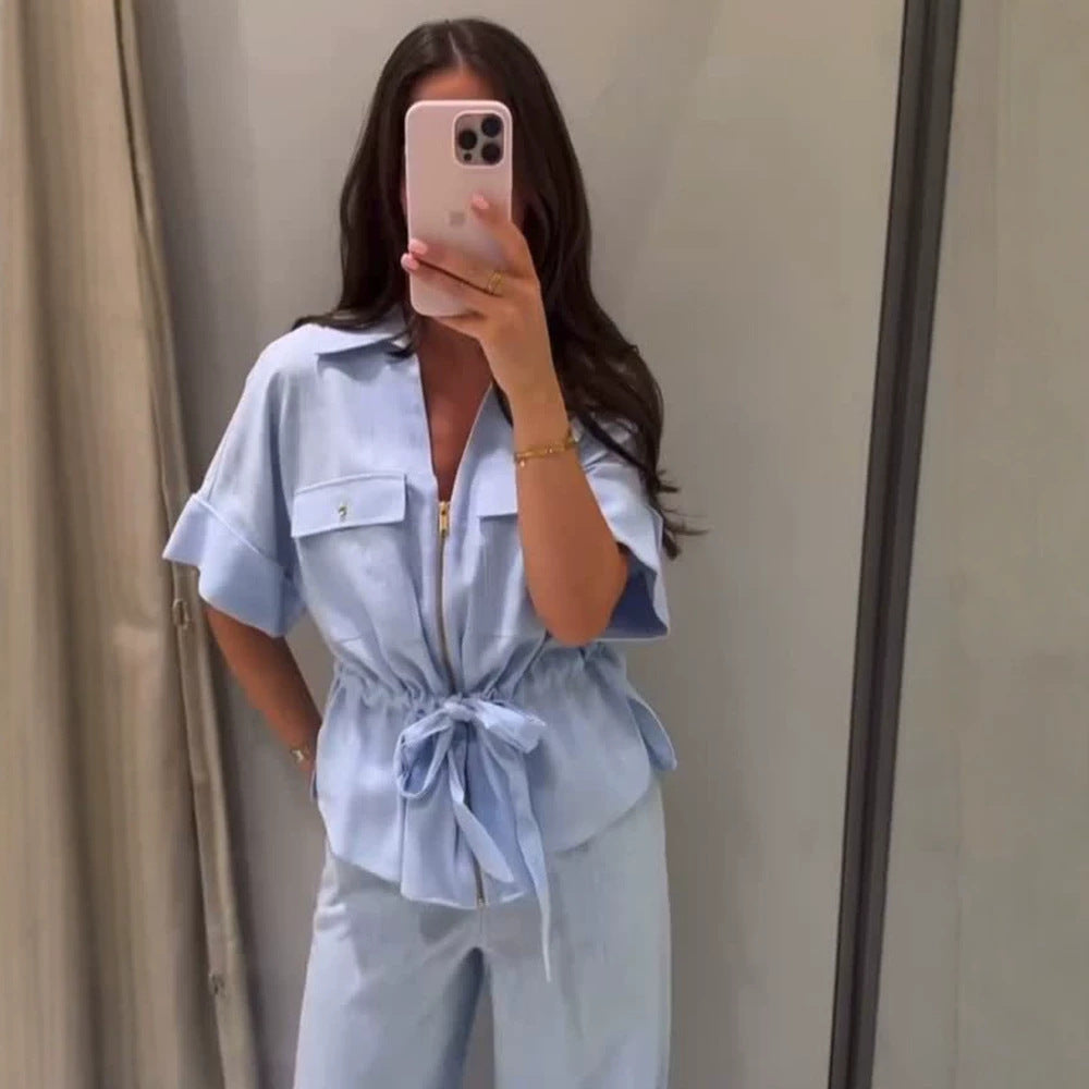 Damen Kurzarm-Bluse mit Reißverschluss, Brusttaschen & Tunnelzug-Taille Shop Nory