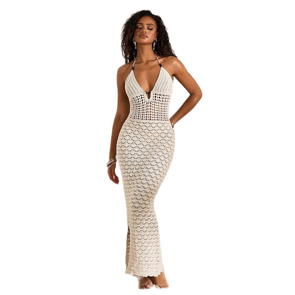 Damen elegantes gehäkeltes Strandkleid mit tiefem V-Ausschnitt