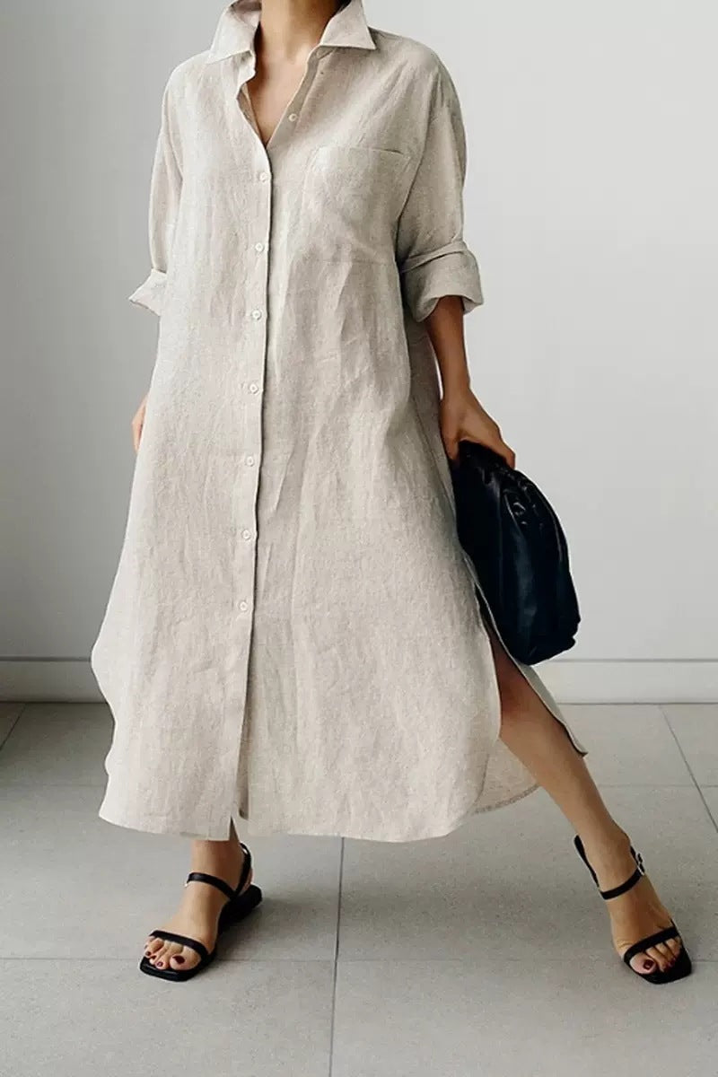 Damen Oversize-Leinen-Hemdmaxikleid mit Stehkragen, Krempelärmeln und hohen Seitenschlitzen Shop Nory