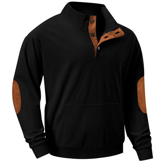Herren Strukturiertes Ripp-Henley-Sweatshirt mit Stehkragen, Kängurutasche & Velours-Ellbogenpatches Shop Nory