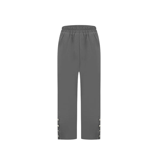 Damen Locker geschnittene High‑Waist Freizeithose mit Elastikbund und Zier‑Druckknopfleiste am Bein Shop Nory