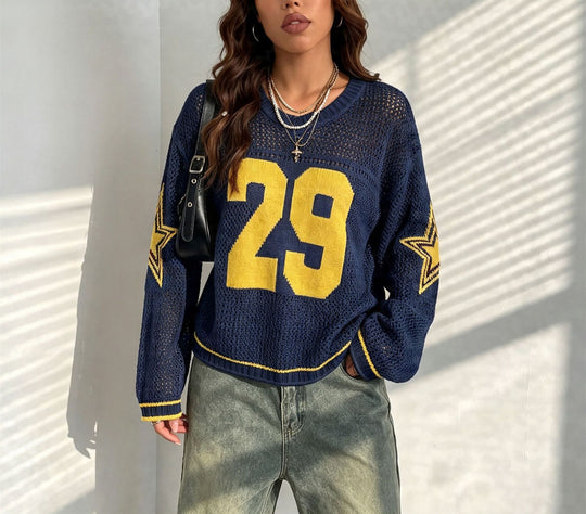 Damen Oversize Netz-Strick Cropped Pullover mit V-Ausschnitt Shop Nory