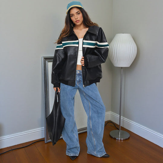 Damen Kunstleder-Bomberjacke mit Retro-Streifen und durchgehendem Reißverschluss Shop Nory
