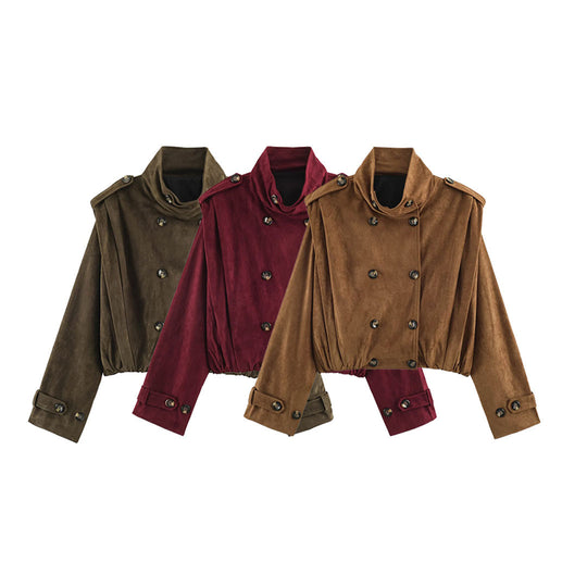 Damen Kurzgeschnittener Doppelreihiger Wildlederoptik-Bomber mit Stehkragen und Schulterpatten Shop Nory