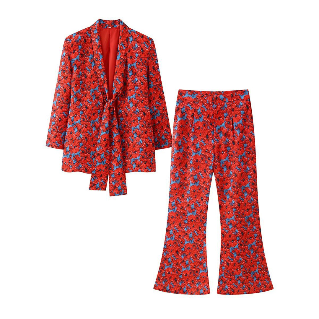 Damen Zweiteiliges Blumen-Jacquard-Blazer- und Schlaghose-Set Shop Nory