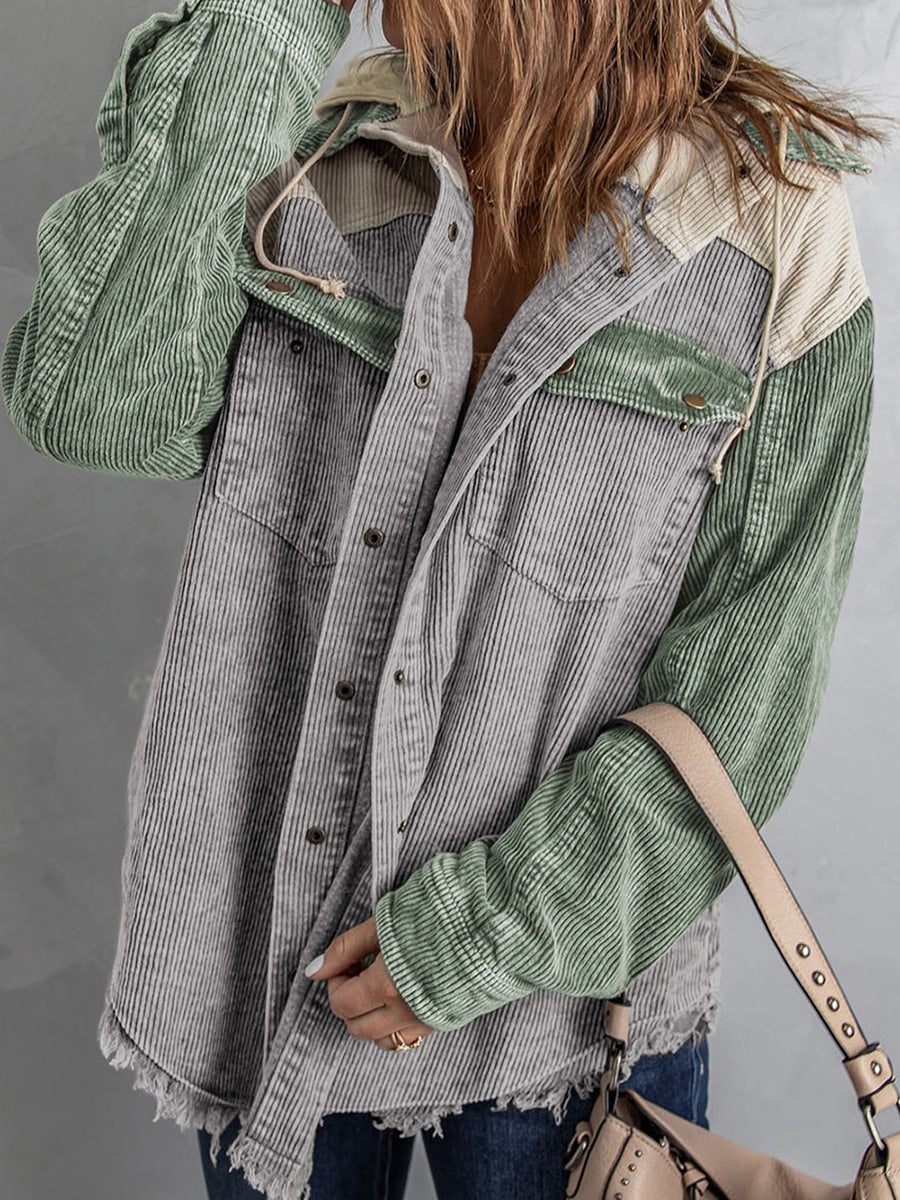 Shopnory | Jacke mit Kapuze Oversized Fit Cord-Textur Knopfverschluss Fransenrand