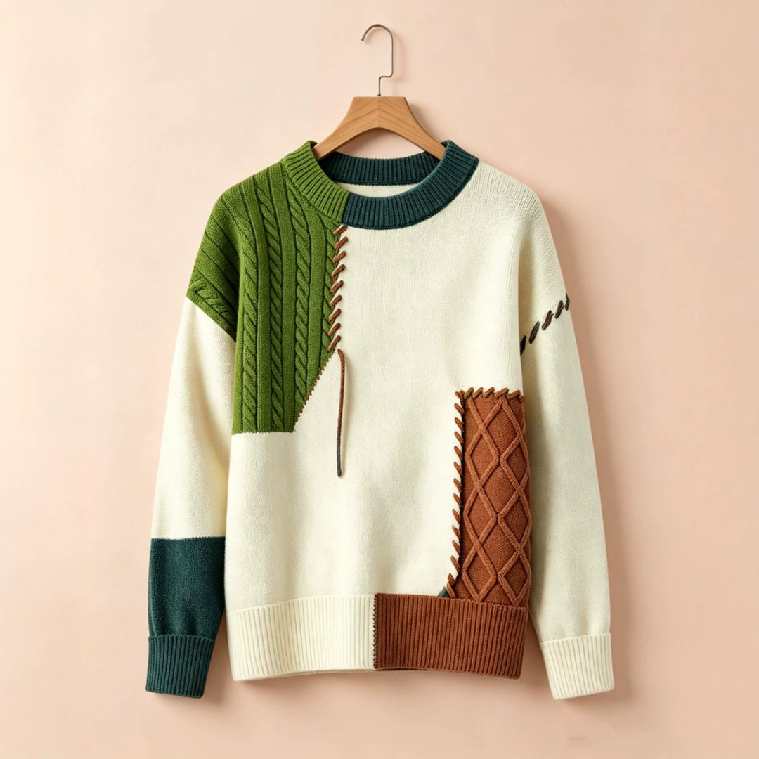 Damen Oversize Strickpullover im Patchwork‑Design mit Zopfmuster‑Einsätzen Shop Nory