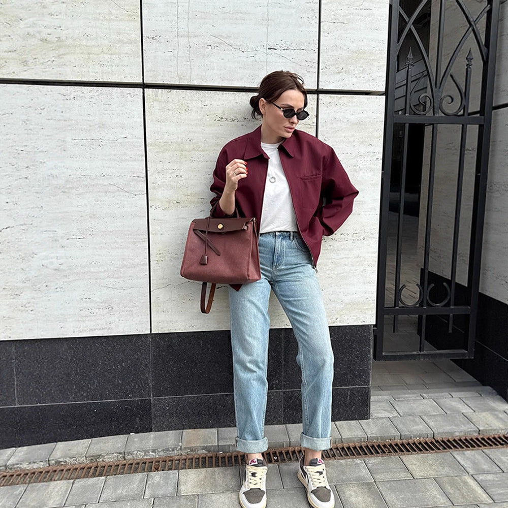 Damen Leichte Twill-Übergangsjacke mit Hemdkragen, verdecktem Reißverschluss und kastiger Silhouette Shop Nory