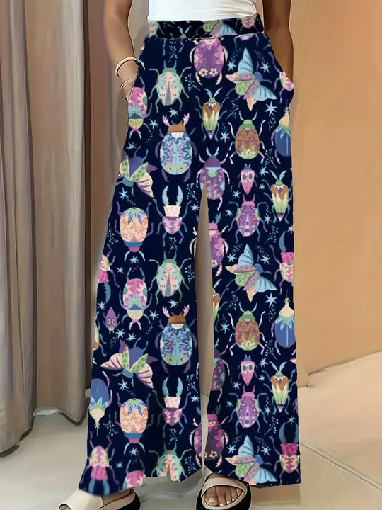Damen Weite Palazzo-Hose mit elastischem Bund und auffälligem Käferprint Shop Nory