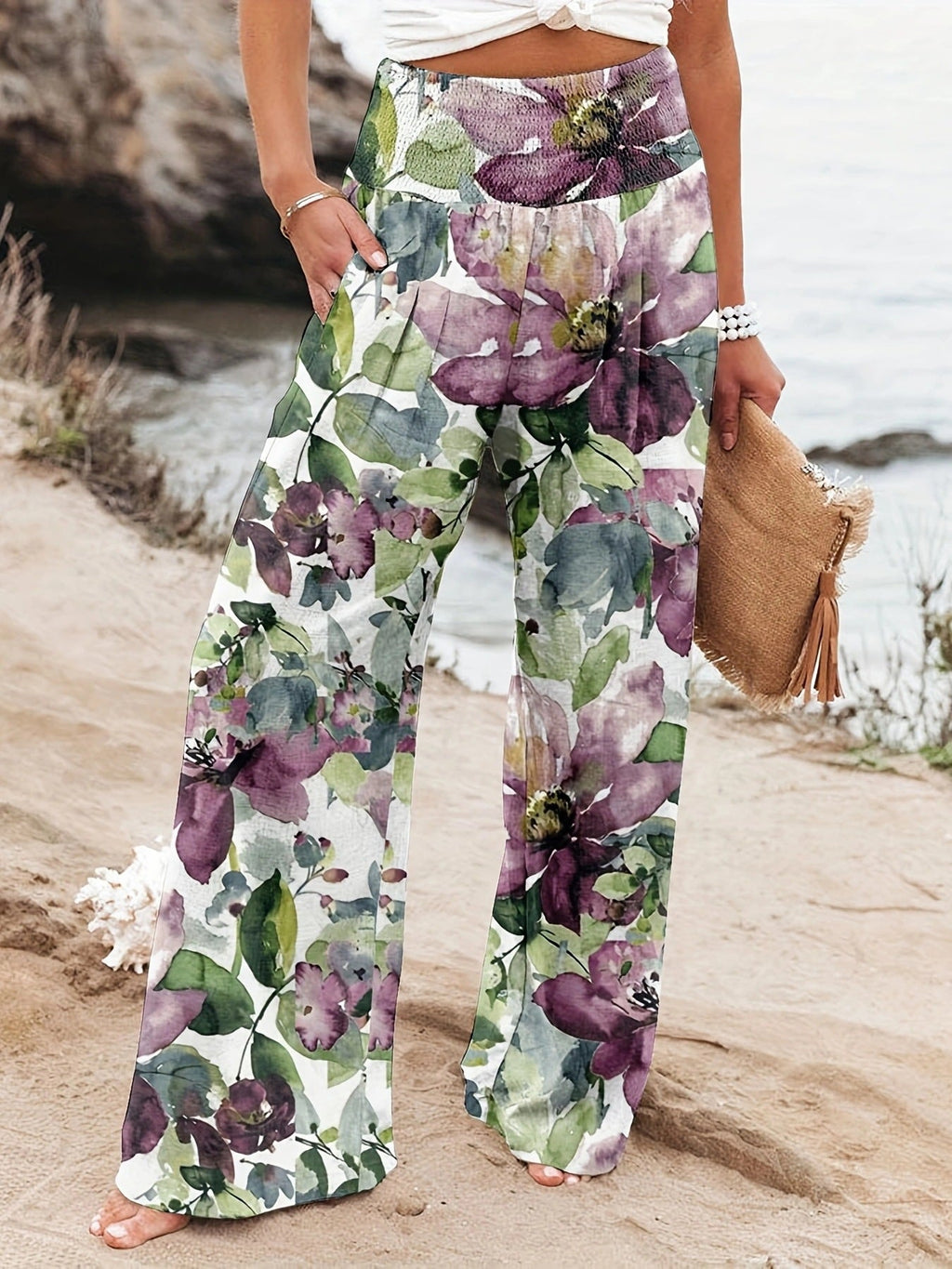 Damen Weit geschnittene Sommerhose mit floralem Print und elastischem Bund Shopnory