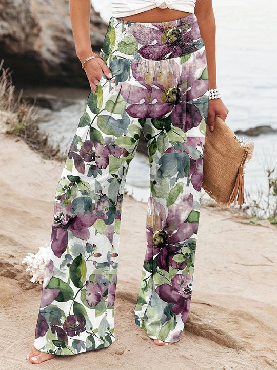 Damen Weit geschnittene Sommerhose mit floralem Print und elastischem Bund Shopnory