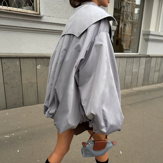 Damen Oversize Kurzjacke mit weitem Volumenärmeln und Tunnelzugsaum Shop Nory