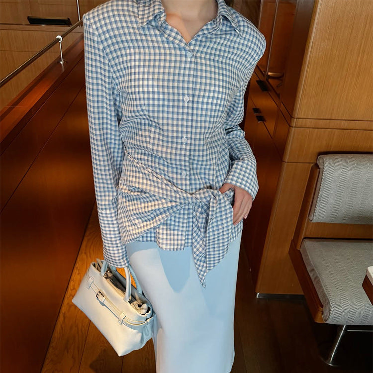 Damen Gingham-Wickelbluse mit seitlicher Taillenbinde und Hemdkragen Shop Nory