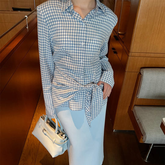 Damen Gingham-Wickelbluse mit seitlicher Taillenbinde und Hemdkragen Shop Nory