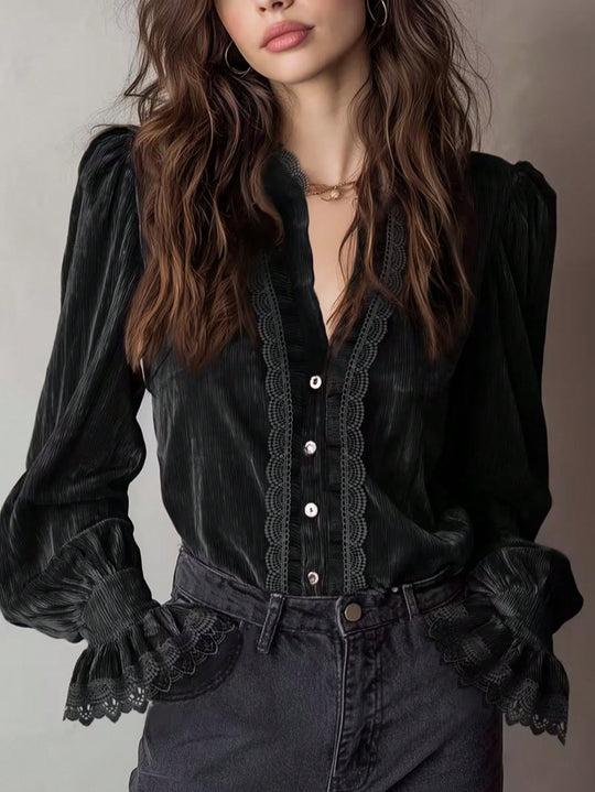 Damen Plissée-Veloursbluse mit Spitzenrüschen und Puffärmeln Shop Nory