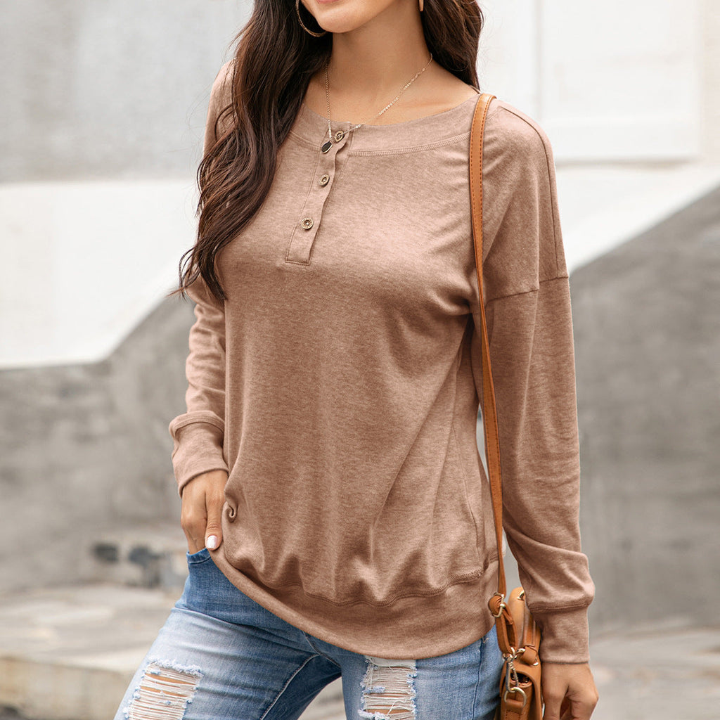 Damen gemütliches Langarm-Henley-Shirt mit Knopfleiste und tiefem Rundhalsausschnitt