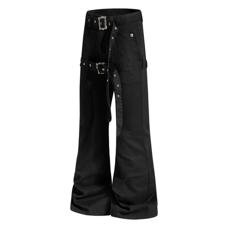 Damen High‑Waist Schlag-Cargohose mit weitem Bein, Doppelgürtel und Metallösen Shop Nory