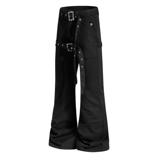 Damen High‑Waist Schlag-Cargohose mit weitem Bein, Doppelgürtel und Metallösen Shop Nory