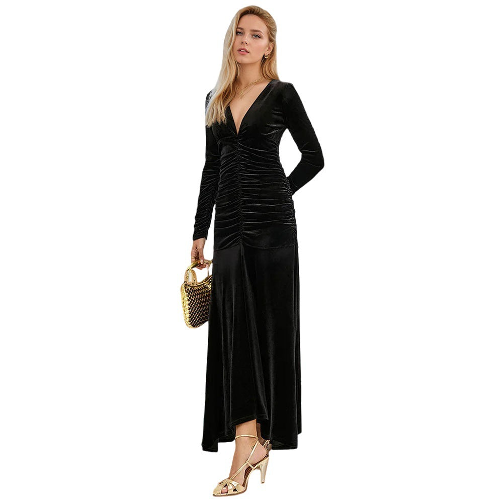 Damen samt-maxikleid mit tiefem V-Ausschnitt geraffter Taillenpartie und Mermaid-Schnitt Shop Nory