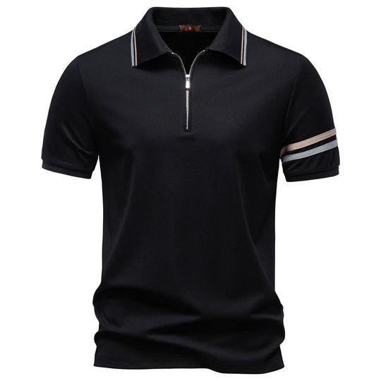 Herren nan atmungsaktives elastisches Poloshirt mit kurzem Reißverschluss und Kontraststreifen an Ärmeln