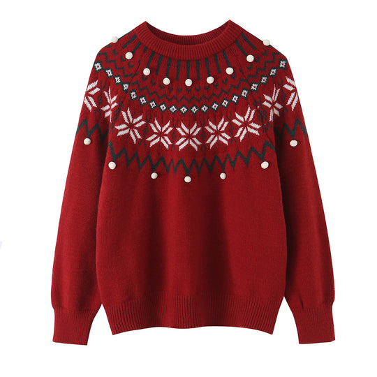 Damen Norwegermuster-Strickpullover mit Rundhalsausschnitt und dreidimensionalen Pompons Shop Nory