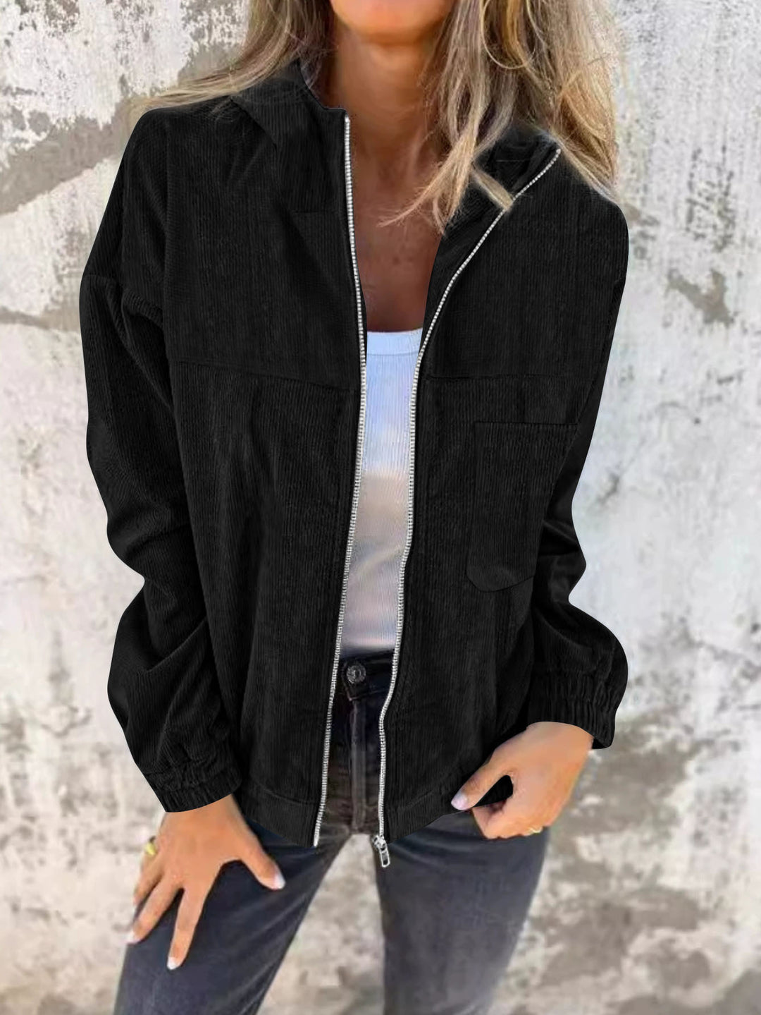 Damen Casual Cord-Hoodiejacke mit feiner Kordsamtstruktur, durchgehendem Reißverschluss und elastischem Saum Shop Nory