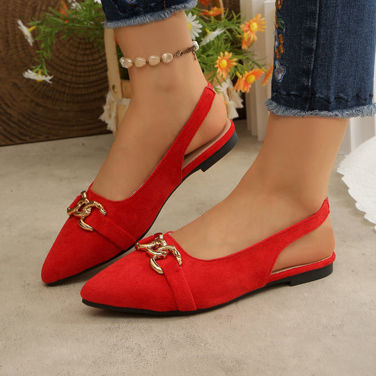 Damen Ballerinas mit Fersenriemen, spitzer Kappe und goldener Kettenverzierung Shop Nory