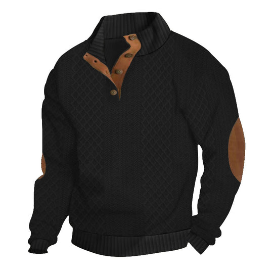 Herren nan grober Strickpullover mit Stehkragen Lederbesatz und Ellenbogenaufnähern Shop Nory