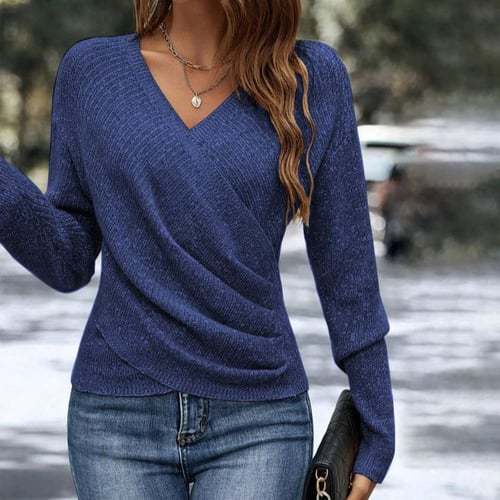 Damen nan figurbetonter Wickel-Strickpullover mit V-Ausschnitt und feiner Rippenstruktur Shop Nory