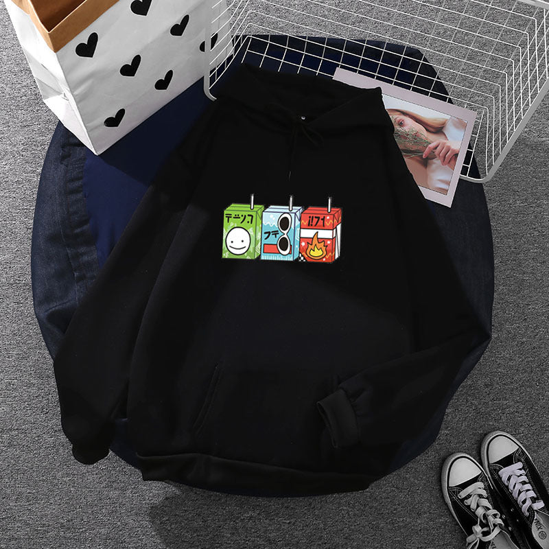 Damen nan oversized Kapuzenpullover mit Cartoon-Getränkekarton-Print, Kängurutasche und weichem Innenfutter Shop Nory