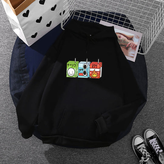 Damen nan oversized Kapuzenpullover mit Cartoon-Getränkekarton-Print, Kängurutasche und weichem Innenfutter Shop Nory